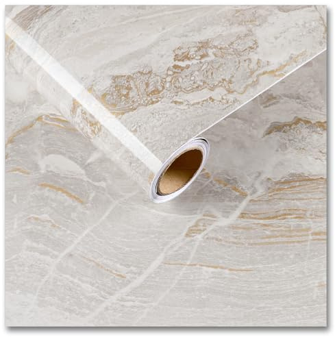 CRE8TIVE Beige Gold Klebefolie Möbel Marmor Folie für Möbel 60 x 300cm Glänzend Marmoroptik Tapete Selbstklebend Klebefolie Küche Tapete Badezimmer Wasserfest Arbeitsplatte Folie Küche Schrankfolie