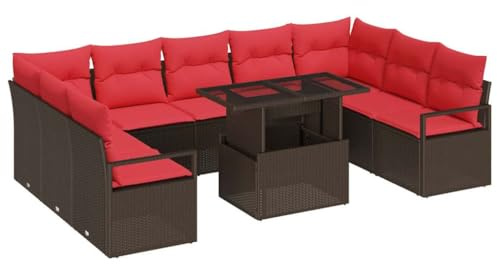 vidaXL Gartensofa-Set mit Speicher 10 pcs Braun und Rot Poly Rattan, Garten und Terrasse, rechteckige modulare Möbel, strapazierfähige Sofaset, wetterfestes Loungeset, Sitzgruppe