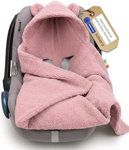 Solvera_Ltd Einschlagdecke Babyschale Frühling Herbst Winter Boucle Rosa | Dreischicht Lammfell-Optik, Universal-Gurtschlitze, Klettverschluss, Autositz Kinderwagen Buggy, 0-4 Monate, OEKO-TEX Polen