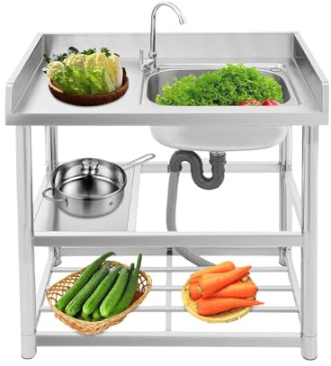 LKHDONG Spültisch Freistehend Edelstahl Waschbecken mit Wasserhahn, Outdoorküche Spülbecken Küchenspüle Gastro Spüle mit Ablage 90x50x80cm (Rechts)