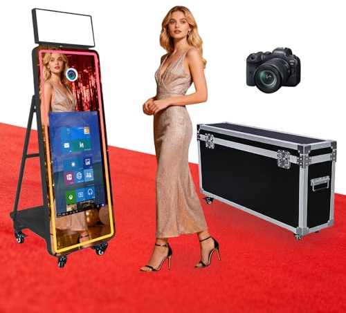 Magic Mirror DSLR Photo Booth with 32 Inch Touchscreen, Instant Printing & LED RGB Square Light, Portable Photobooth with Flight Case for Weddings Parties Events (Black, Photo Booth + Camera)