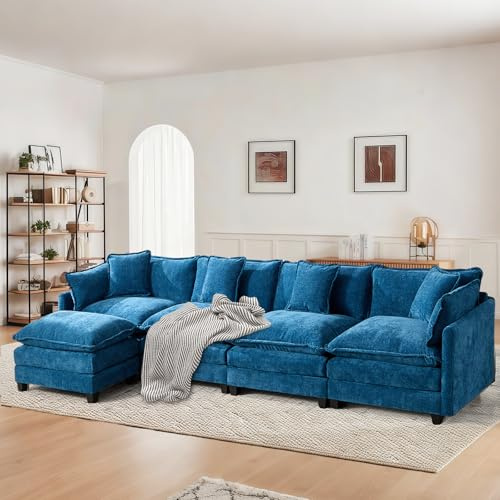 SoarFlash L-förmiges Sofamodul 4-Sitzer, 380 cm, Chenille blau, mit Kissen | Frei kombinierbares modulares Sofa aus Chenille mit Armlehnenpaneelen, ideal für Wohnhäuser und Wohnungen.