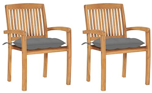 Emmtore 2X Teak Massiv Gartenstuhl mit Grauen Kissen Stapelbar Stapelstuhl Holzstuhl Gartensessel Stapelsessel Gartenmöbel Stuhl Terrassenstuhl
