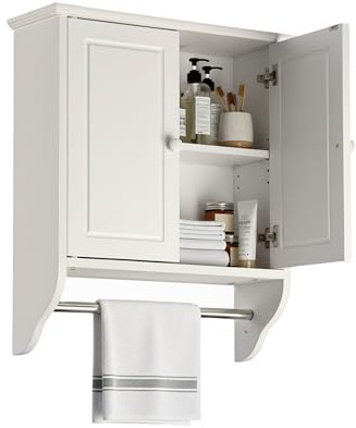 Relaxdays Hängeschrank Bad, 2 Fächer, Handtuchstange, HxBxT: 55 x 48 x 16 cm, Landhausstil, Wandschrank, weiß/Silber