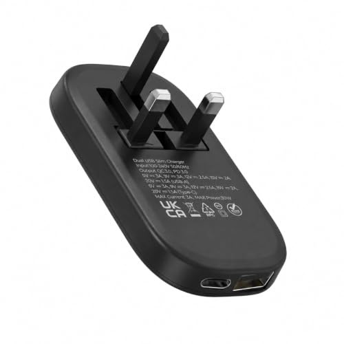 30W Dual Port Fast Charger Plug, Ultra Slim USB C PD + USB A QC, Black UK | Ultra slim 30W fast charger with foldable UK pins - ideal for travel and everyday use.