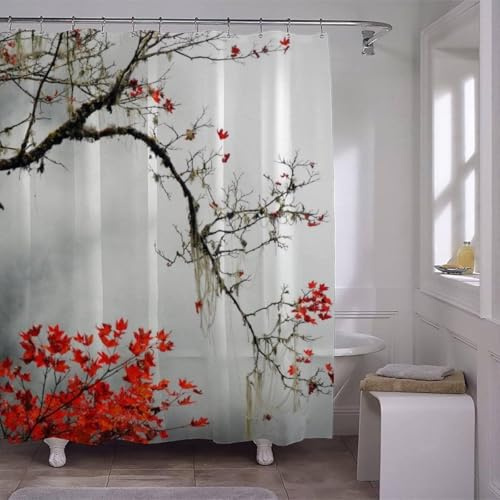 érable Rouge Rideau de Douche 90x200 cm Anti Moisissure 3D Style Chinois Rideaux de Baignoire Tissu Lavable Imperméable Polyester pour Rideau Douche Salle avec 8 Crochets B-298