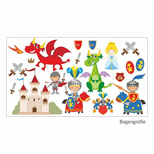 nikima Schönes für Kinder 008 Wandtattoo Ritter mit Drachen Burg Prinzessin Schwert Wappen- in 6 Größen - Kinderzimmer Sticker Wandaufkleber Wandsticker Wanddeko Wandbild Junge (1000 x 560 mm)