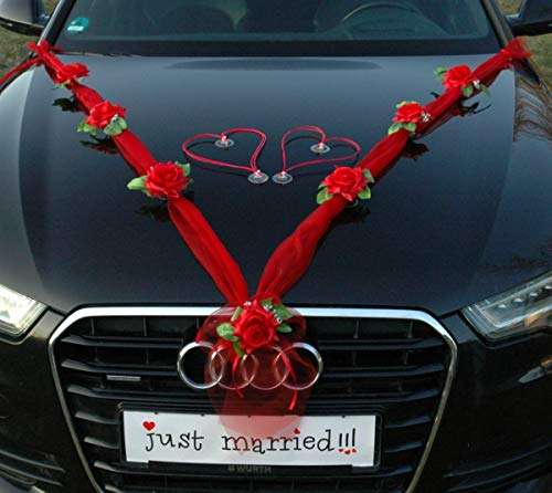 Organza M + Herzen Braut Paar Rose Deko Dekoration Autoschmuck Hochzeit Car Auto Wedding Ratan Girlande ®Auto-schmuck PKW (Rot/Rot/Rot)