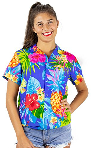 King Kameha Funky-Hawaii-Bluse-Hemd Damen Kurzarm Front-Tasche Stylish Ananas Obst Tropisch