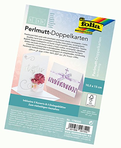 folia 179500 - Perlmutt Doppelkarten, ca. 10,5 x 15 cm, 250 g/qm, 5er Set, weiß - ideal für Einladungen, Glückwunsch- oder Grußkarten