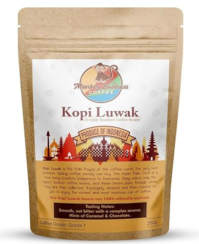 Monkey Business Coffee - Grains De Café Moulus Sauvages Kopi Luwak - 250 Grammes (Autres Poids Et Types De Haricots Disponibles) - De Source Durable (D'indonésie)