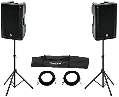 OMNITRONIC Set 2X XKB-215A + Boxenhochständer Move MK2 | Aktiv-Boxen-Set mit 2X XKB-215A, 2X Boxenhochständer inkl. Tasche, 2X XLR-Kabel