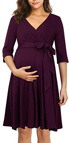 KOJOOIN Robe de maternité Femme Robe de Grossesse pour Femme Enceinte Robe d'allaitement col V Manches Longues avec Ceinture,Bourgogne,XL