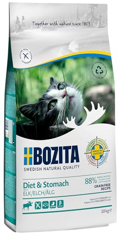 Bozita Diet & Stomach Katzentrockenfutter mit Elch – 10 kg – getreidefreies Trockenfutter für sensible erwachsene Katzen – 34 % Protein, 10 % Fett – ohne Zucker & Gentechnik – leicht verdaulich
