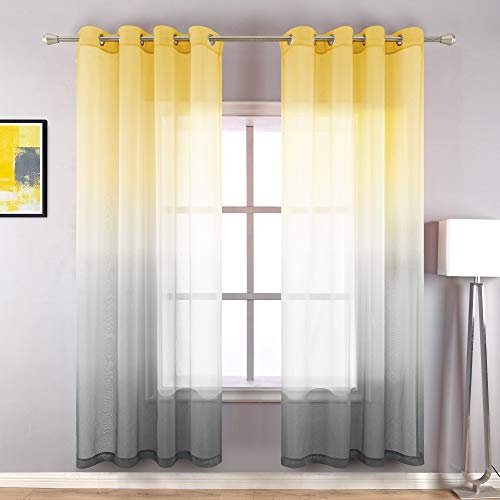 Gelbe Fenstervorhänge, 182.9 cm Länge, für Schlafzimmer, 2-teiliges Set mit Ösen, Vorhang für Fenster, Ombre, bunt, lustig, durchscheinend, gemustert, Vorhänge für Esszimmer, Grau, 182.9 cm lang