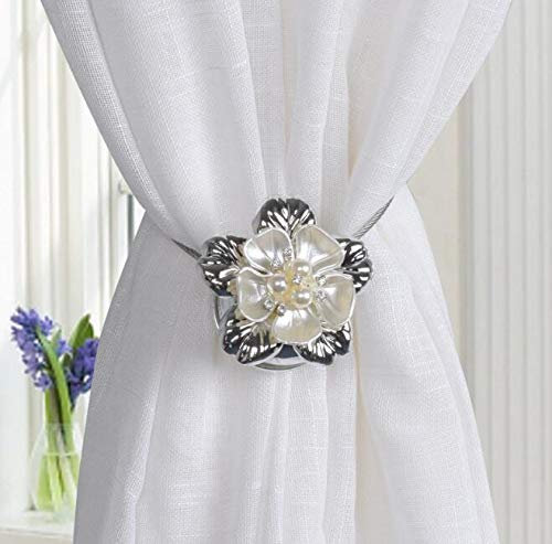 VOANZO 4 Stück Magnet Gardinenhaken Elegant Blumen Vorhang Schnalle mit Magnet - Raffhalter Holdbacks Bindung (Silber)