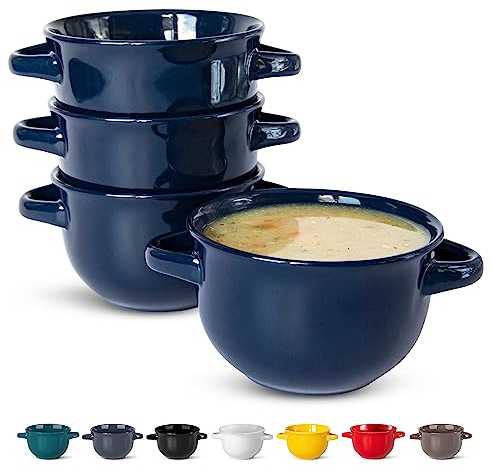 KooK Lot de 4 bols à soupe à l'oignon français, passent au four, tasses à soupe, bols en céramique, lave-vaisselle, micro-ondes, 532 ml (bleu)
