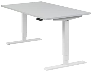boho office® höhenverstellbarer Schreibtisch 140 x 80 cm - Elektrisch stufenlos, 2 Motoren, 3-Fach Teleskop, Memoryfunktion, inkl. Wireless Charger - Homedesk Weiß inkl. Tischplatte in Lichtgrau