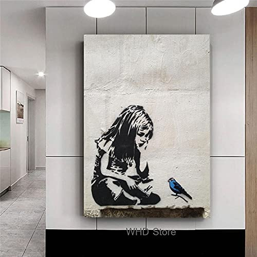 BANKSY Graffiti Street Art Mädchen mit blauem Vogel Poster und Drucke Leinwand Kunstdruck Wandbilder Wandkunst Wohnkultur 50x70cm Rahmenlos