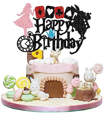 Gyufise 1 x glitzernder Happy Birthday-Kuchenaufsatz für Kinder oder Audlts, Cartoon-Hase, Mädchen, Alice im Wunderland, Geburtstagsparty, Teeparty, Ostern, Party, Dekoration, Zubehör
