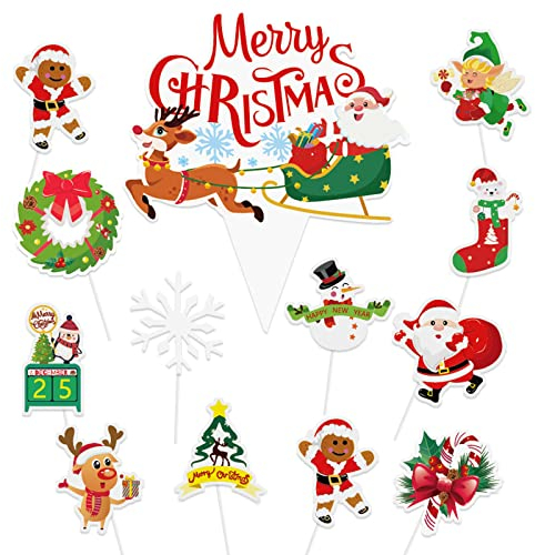 DPKOW 37pcs Weihnachten Kuchen Topper für Dekoration, Frohe Cupcake Toppers, Tortendeko Zahnstocher Flaggen für Backdeko Tisch Deko