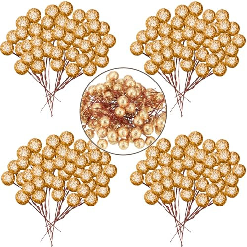 POPOYU 100pcs Christmas Berry Artificial Holly Berries, Artificial Fruits Red Berry Picks Winter Berries Bunch Berry Branches for Xmas Tree Decs,Christmas Wreath Making Decorations,Glitter Gold