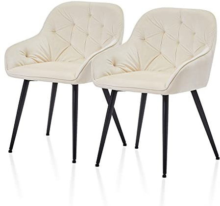 TUKAILAI Esszimmerstühle 2er Set aus Samt, Küchenstuhl Polsterstuhl Wohnzimmerstuhl mit Armlehne Rückenlehne Gepolstert Metallbeinen,Sessel Freizeitstuhl für Küche Wohnzimmer Lounge, Creme