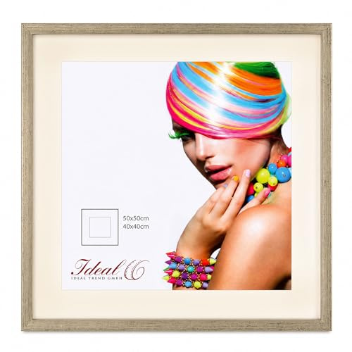 IDEAL TREND 3D Objektrahmen Bilderrahmen mit Passepartout & gehärtetem Glas Holz MDF Rahmen Foto Poster: Farbe: Silber-Antik | Format: 50x50