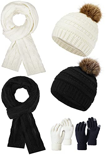 Neer 6 Wintermützen Lange Schale Touchscreen Handschuhe Set Bommel Beanie Mütze Weihnachten Geschenk (Schwarz, Weiß)