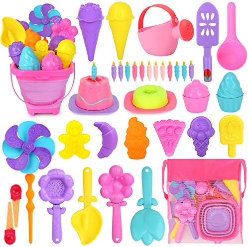 Joyreal 46 Pièces Glace Jeu de Plage Enfant - Bac a Sable Jouet Plage avec Sac en Filet, Seau Plage Enfant, Seau Pelle Rateau Jeux de Plage pour Enfants