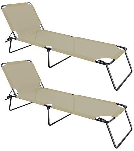Arreditaly Coppia Di Lettini Pieghevoli Prendisole Senza Tettuccio Parasole Schienale Reclinabile Regolabile Struttura In Metallo Sedia Sdraio Per Spiaggia Mare Giardino Piscina 187x53x24 Cm (Beige)