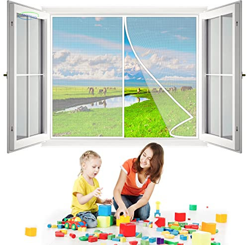 Insektenschutz Plissee Fenster, 95x110 cm Fliegengitter für Fenster, Magnet Vorhang Fliegenvorhang Moskitonetz für KellerFenster SchiebeFenster, Küche, Schlafzimmer, Hof- Weiß H
