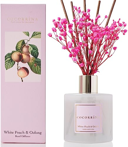 Cocorrína Raumduft Reed Diffuser mit 8 Duftstäbchen 200ml- Weißer Pfirsich& Oolong, Natürlich, Langanhaltend, Home Duft ätherisches Öl Reed Diffusor für Badezimmer Regal Dekoration