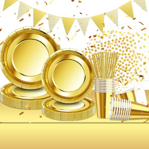 Juego de vajilla de fiesta de cumpleaños dorada, para 20 invitados, platos de papel, vasos de papel, servilletas, paja, mantel para decoración de mesa para bodas, cumpleaños, decoraciones de Navidad