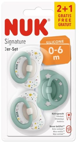 NUK Signature Schnuller | BPA-freier Silikonschnuller | 0-6 Monate | Sterne grün | 3er Pack