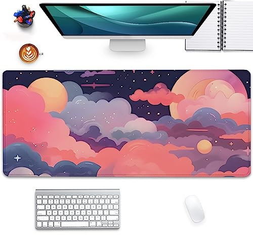 Tapete de escritorio con diseño de nube roja, alfombrilla de mouse grande de anime kawaii con bordes cosidos antideslizantes, alfombrilla de escritorio para mujeres, niñas, trabajo, oficina y hogar