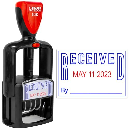 Mark 2000 Self-Inking Rubber Date Office Stamp with Received Phrase - Blue Ink & Date Red Ink - 12-Year Band