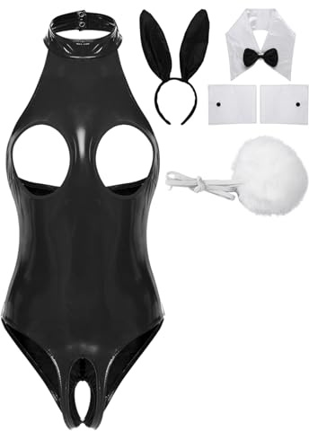 TiaoBug Damen Wetlook Body Lack Leder Stringbody Ouvert Dessous mit Bunny Ohren Haarreifen Fliege Manschetten Cosplay Kostüm Gogo Clubwear