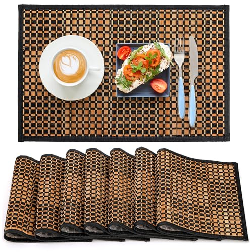 Eorbow 8 Pack Bamboo Placemats, Natural Anti-Slip Dining Table Mats, Heat-Resistant Place Mats, Japanese Style Washable Placemats for Dining Room, Kitchen, Restaurant, 18 x 12 Inch