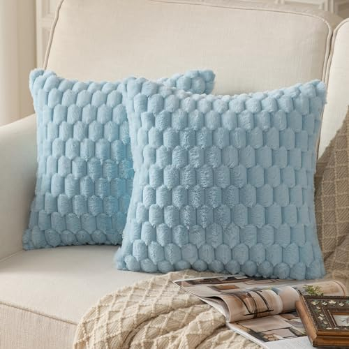 Mandioo 2er Set Hellblau superweichen dekorative Plüsch Kissenbezug Kissenbezüge 40 x 40 cm Wollsamt Dekokissenbezüge Kissenhülle Sofakissen Dekokissen flauschig für Couch Sofa Bett Wohnzimmer