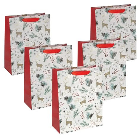 Sigel GT121/5 große Premium Geschenktüten aus Papier, 5er Set, weiß/gold/rot, mit Seidenbandgriffen, 26 x 33 x 12 cm, Christmas motifs watercolor, Papier-Geschenktaschen Weihnachten