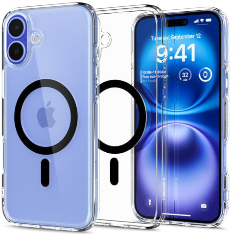 Spigen Ultra Hybrid MagFit Case for iPhone 16, Compatible with MagSafe Accessories [Anti-Yellowing] [Military-Grade Drop Protection] - Clear Black