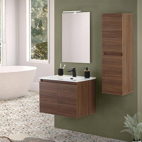 Mobile bagno sospeso 70 cm noce canaletto con 2 ante soft-close, lavabo in ceramica e specchio reversibile 60x80 cm, KLEO