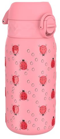 Ion8 Gourde Enfant, Inox Léger, 400ml, Non Isolé, Anti-Fuite, Facile à Ouvrir, Verrouillage Sécurisé, Lavable au Lave-Vaisselle, Poignée de Transport, Acier Inoxydable, Coccinelles
