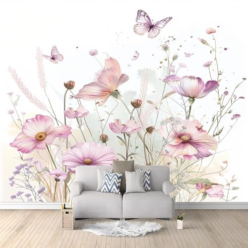 Papier Peint Panoramique Floral Papillon Violet 300x210 cm Papier Peint Intissé Mural, Poster Geant Mural Impression 3D, pour Salon Chambre d'enfants restaurant Décoration Murale