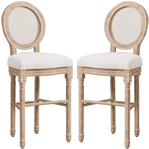 HOMCOM Lot de 2 tabourets de Bar, chaises de Bar médaillon Style Louis XVI, avec Repose-Pied, Dossier Effet cannage, Structure en Bois Massif, siège en Tissu Aspect Lin, Naturel
