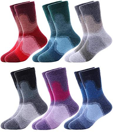Sandsuced Kids Warm Merino Wool Socks for Walking Boys Toddlers Girls Hiking Thermal Thick Cosy Winter Christmas Boot Crew Cabin Gift Socks 6 Pairs (Red/Green/Grey/Black/Purple/Blue,8-12Y)