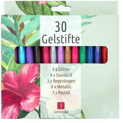 TerCasa 998701 Gelstifte 30er Set, Etui mit 30 Gelschreibern mit Glitter, Regenbogen, Metallic, Standard und Pastell Farbeffekten, 30 Gelmalstifte für softes Schreiben und Zeichnen