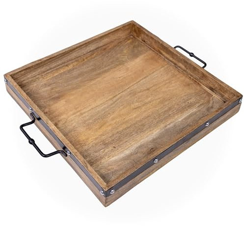 A Sight Beyond 20 Extra Large Square Ottoman Tray - Heavy Duty Mango Wood Serving Tray – Large Coffee Table Tray – Made of Casted Aluminum & Galvanized Iron – Rustic Tray with Handles – 20 inch