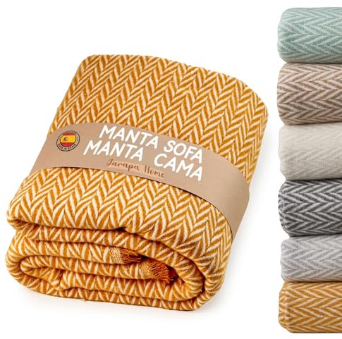 Jarapa Home Made with love Manta sofá, Plaid Sofa, Decoración Ideal para sofás y Camas, Cálida, Suave y Ligera, Colcha Entretiempo, 4 Estaciones, Diseño y Resistente, Algodón (Mostaza, 180x250 cm)